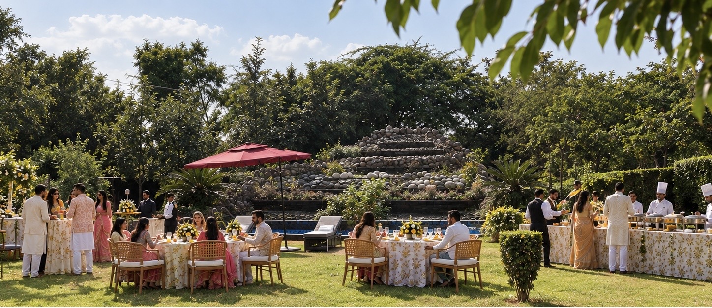 Garden event setup at Casa Avakasha with round tables, a shaded umbrella and the rock waterfall
