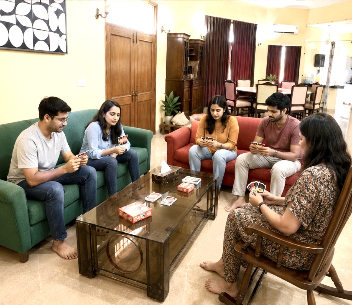 Guests playing cards in the farmhouse living room